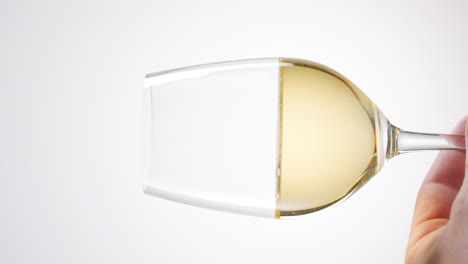 levantando una copa de vino blanco sobre fondo blanco, video vertical