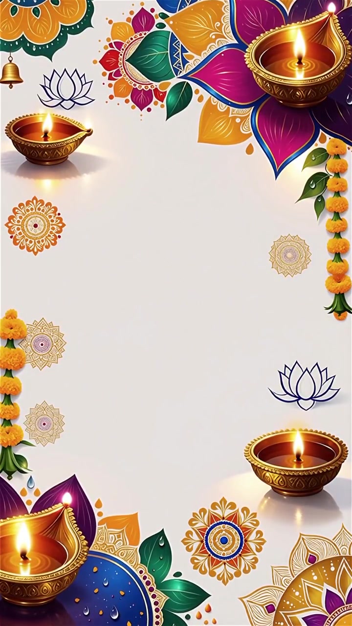 Sfondo Diwali con Diyas luminosi, Rangoli e fiori di loto