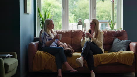 two women having a conversation on a couch