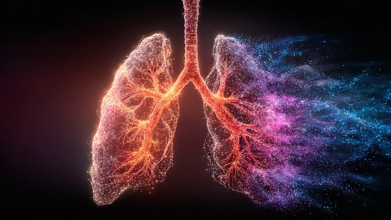 Una visualizzazione sorprendente dei polmoni umani che illustra la complessa rete di bronchi e alveoli con accattivanti effetti particellari e gradienti di colore