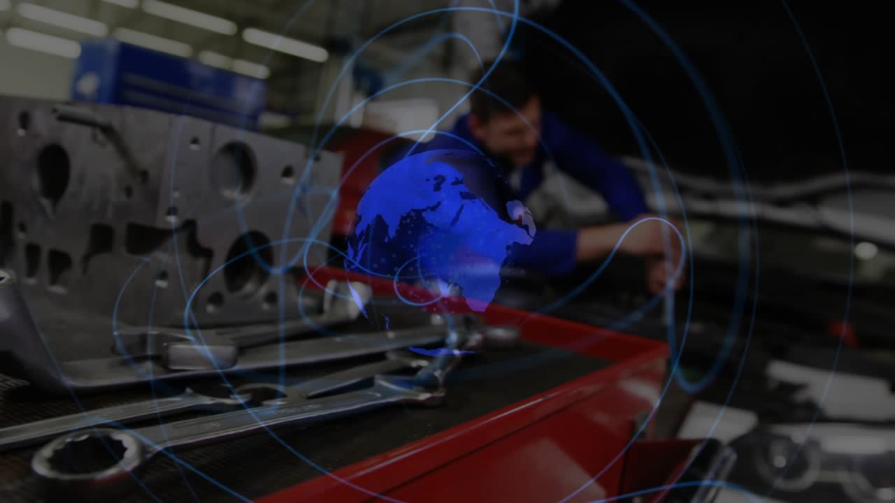 Reparación de automóviles mostrando un globo desvaneciéndose que guía a un mecánico tomando una llave inglesa de un carro rojo y apretando un tornillo.
