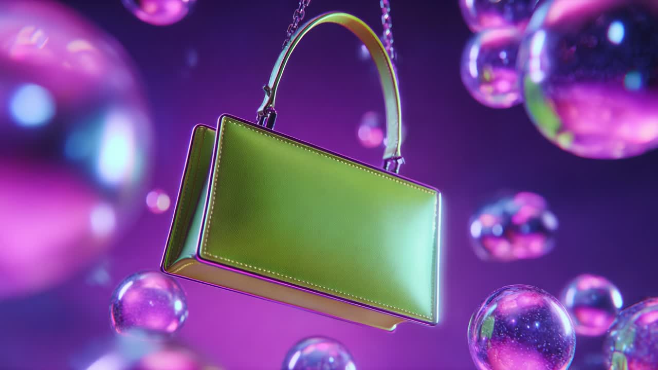 A Vibrant Green Handbag Surrounded by Colorful Bubbles Against a Lively Background, Showcasing Modern Fashion and Style with a Touch of Playful Elegance and Artistic Flair
