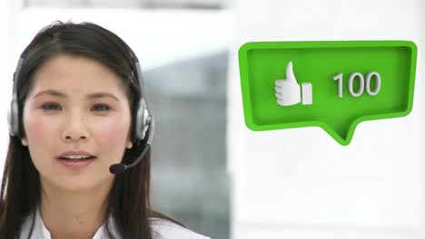 animation of digital icons over businesswoman using phone headsets