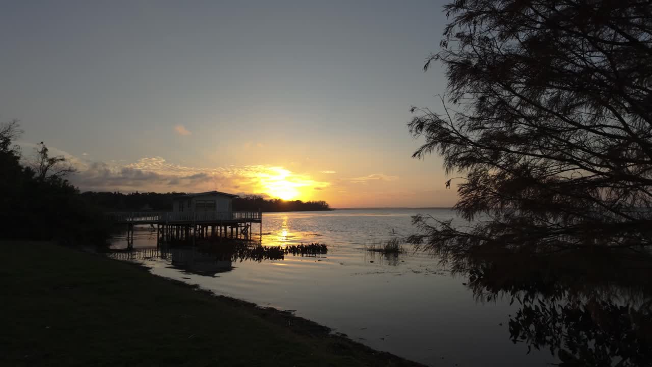 평온 한 호수 물 에 반사 되는 해 가 지는 나무 의 실루