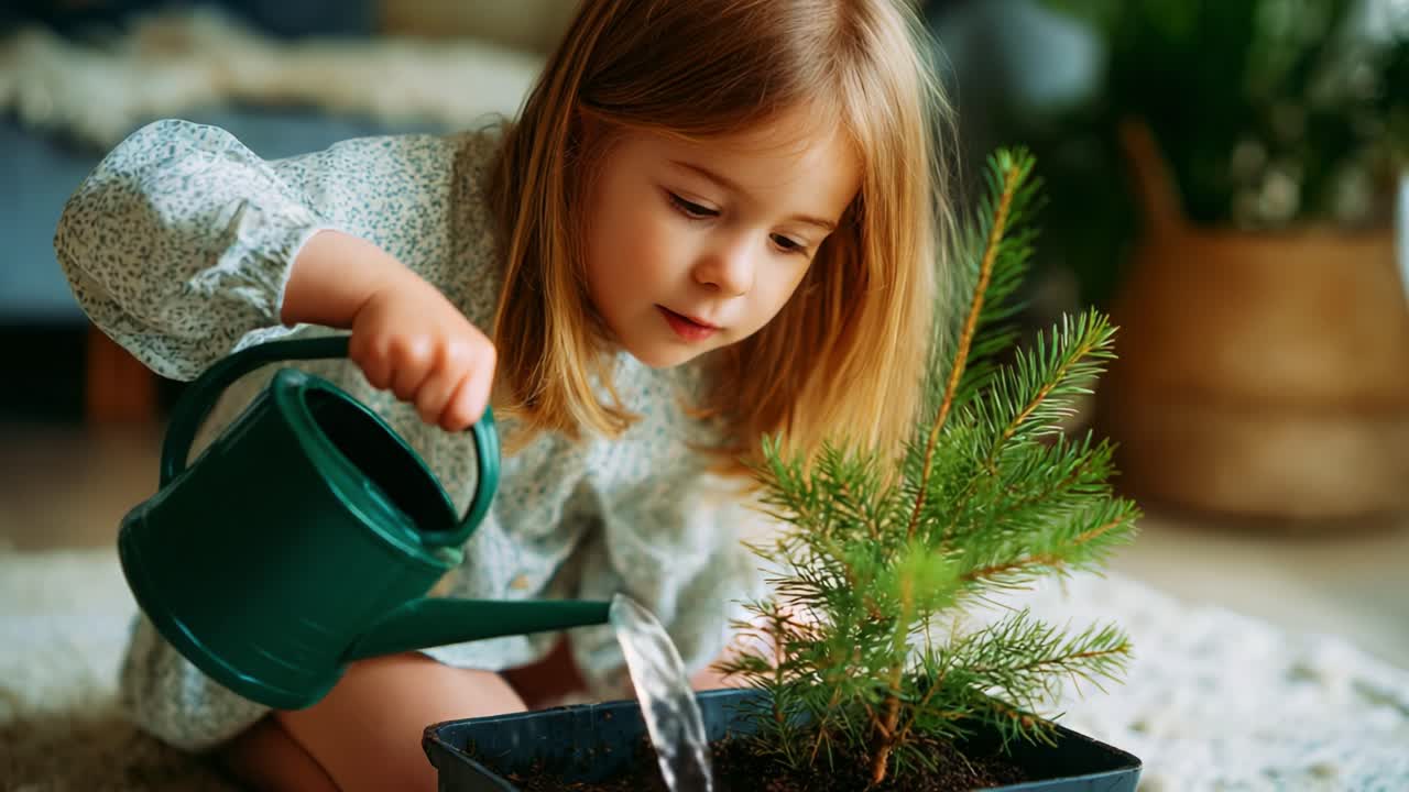 A Young Child Engaged in the Joy of Gardening, Watering a Small Pine Tree in a Pot, Showcasing the Connection Between Nature and Nurturing, Indoor Plant Care