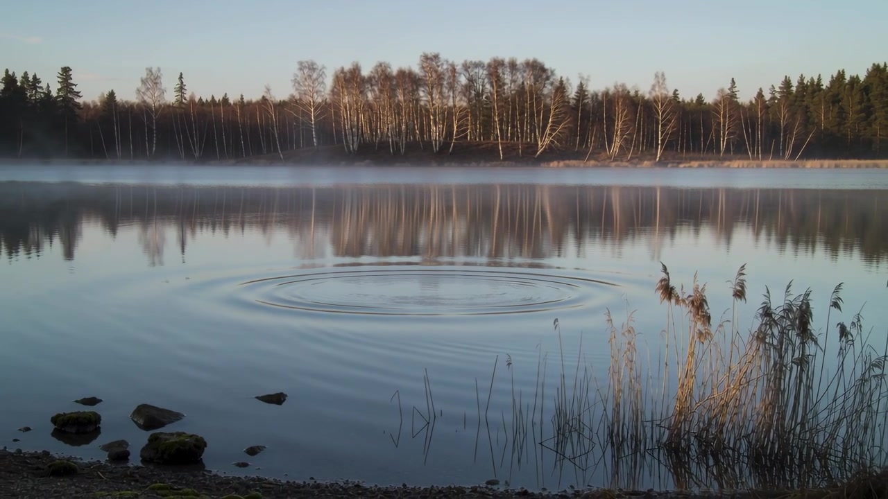 Afsendelse af småsten, der skaber ekspanderende ringe over skovsø ved daggry, refleksion af birk og nåletræ