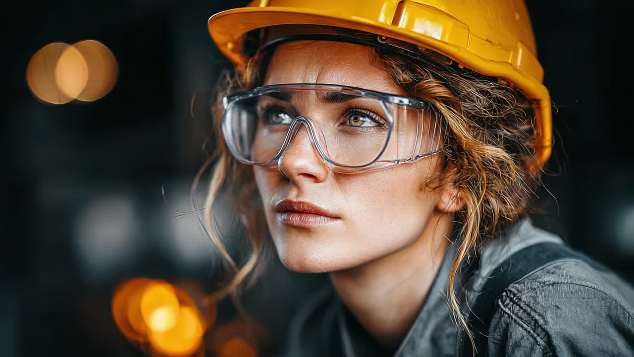 Determined Woman in Safety Gear: A Close-Up of a Thoughtful Worker with Protective Eyewear and Helmet, Capturing the Essence of Industry and Professionalism
