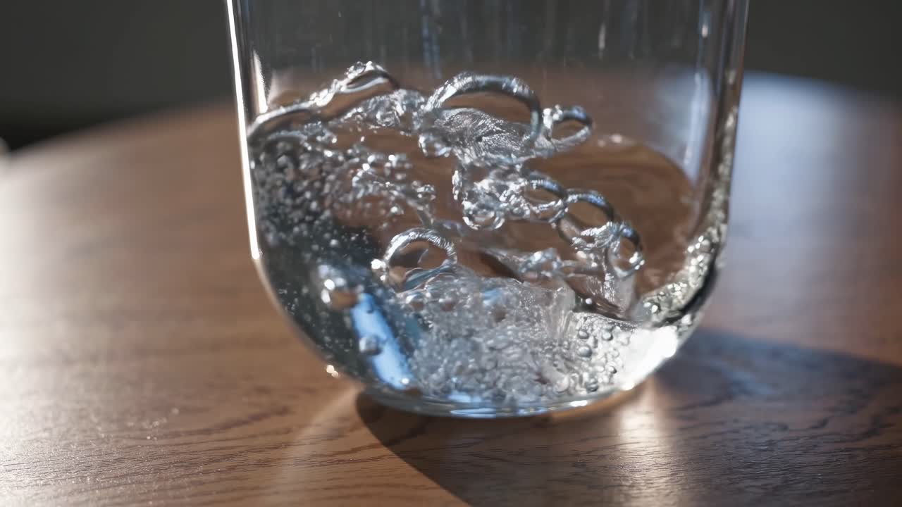 Video ravvicinato di bollicine effervescenti che salgono in un barattolo di vetro su un tavolo di legno, ripreso da un'angolazione bassa
