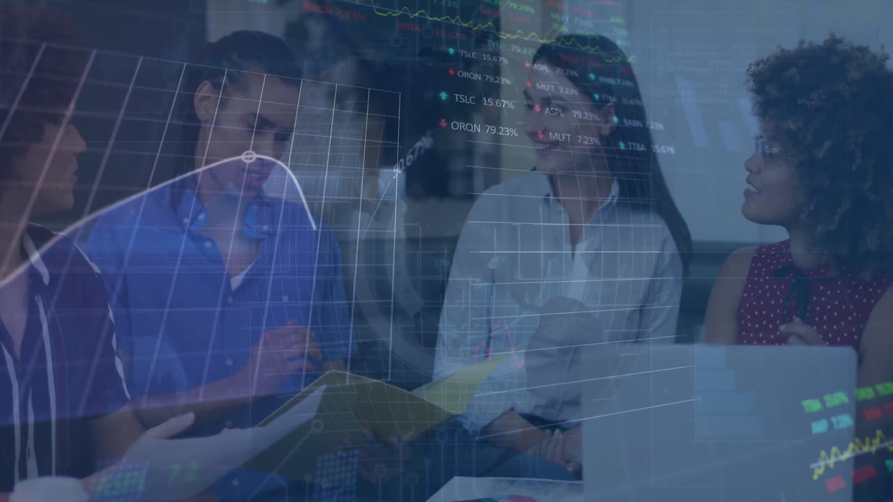 Animation of graph and trading board over diverse colleague analyzing report in office