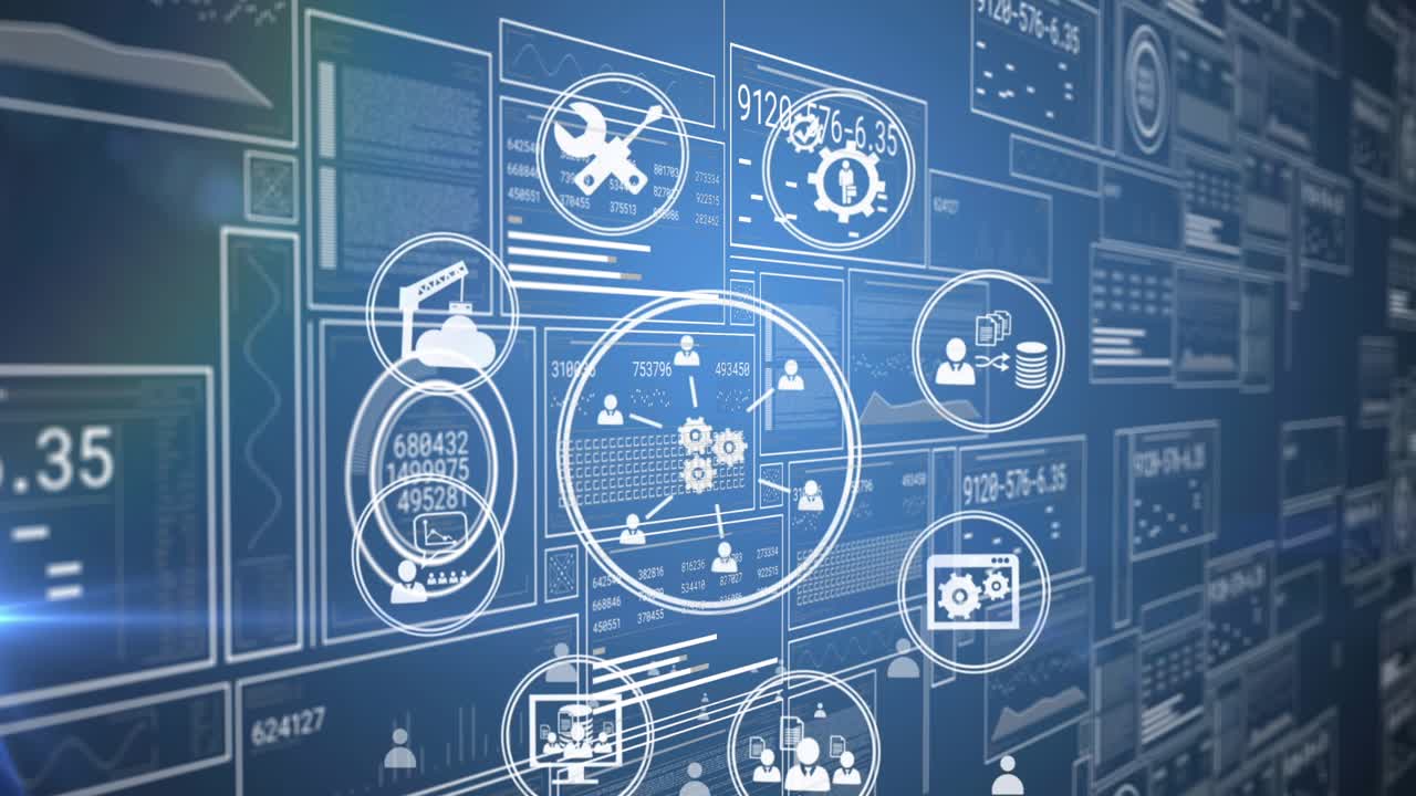 Animation of data processing and media icons over blue background