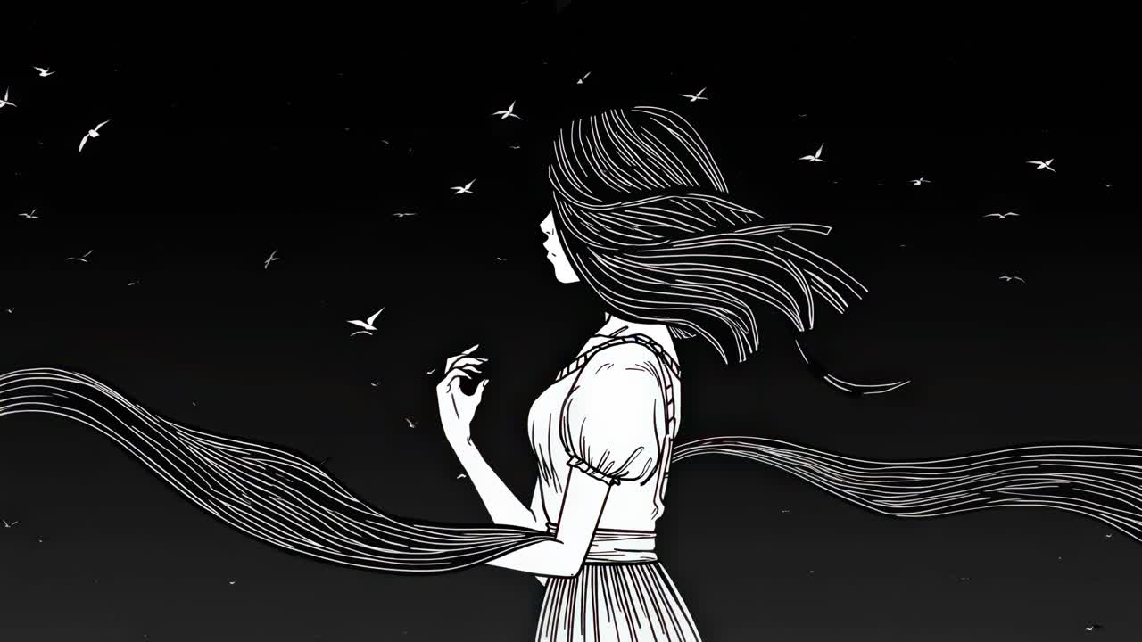 Black and white illustration depicting woman walking alone through moonlit cityscape, windblown hair trailing behind, silhouetted birds flying overhead against dark urban background