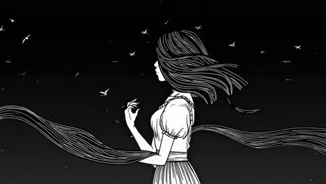 black and white illustration depicting woman walking alone through moonlit cityscape, windblown hair trailing behind, silhouetted birds flying overhead against dark urban background