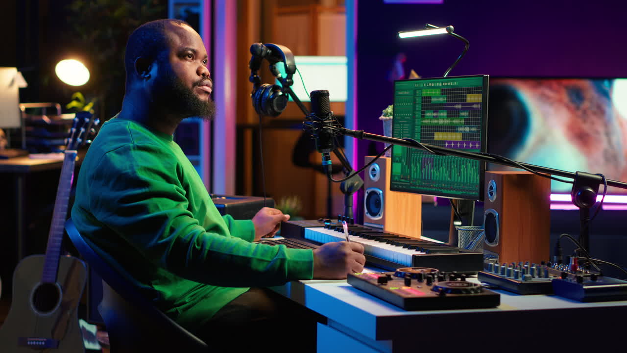 el compositor escribe versos e ideas para desarrollar una canción original en el estudio doméstico