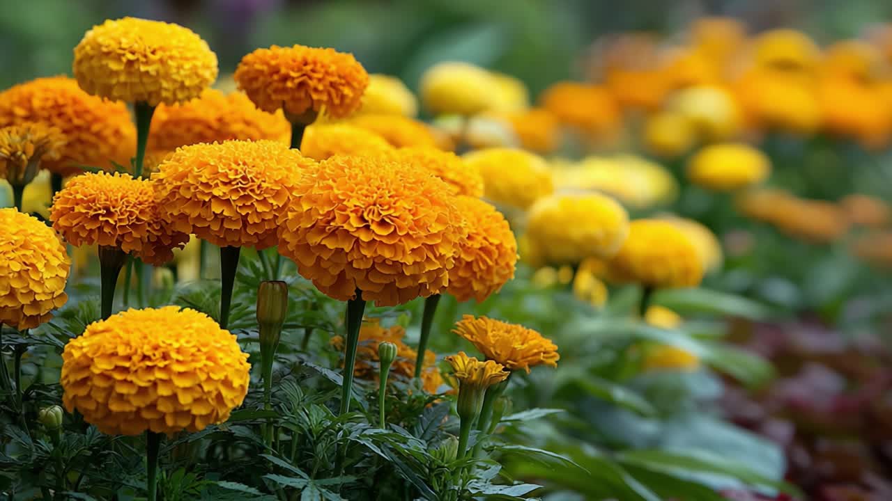Una vivace esposizione di fiori di calendula in piena fioritura, che mostra vivaci sfumature di arancione e giallo su uno sfondo verde lussureggiante, catturando la bellezza della natura.