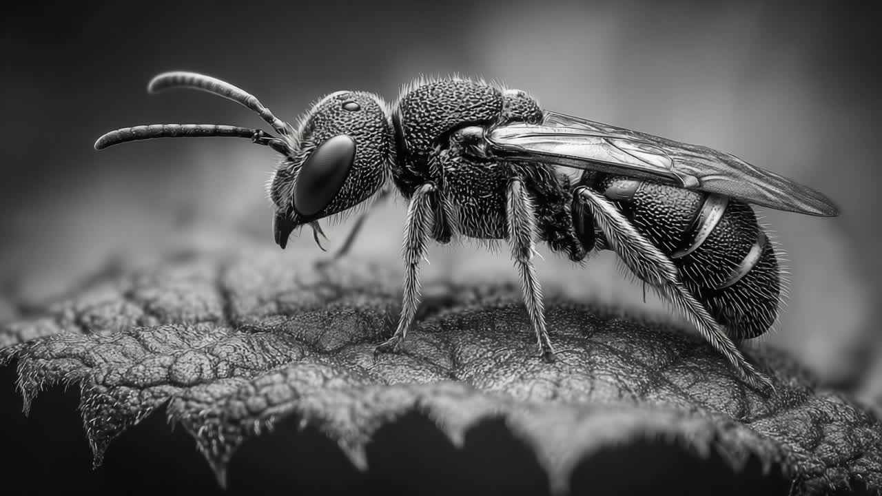 Detailed Black-and-White Macro Shot Showcasing an Insect with Intricate Features Resting on a Leaf, Capturing Nature's Smallest Wonders in Stunning Clarity