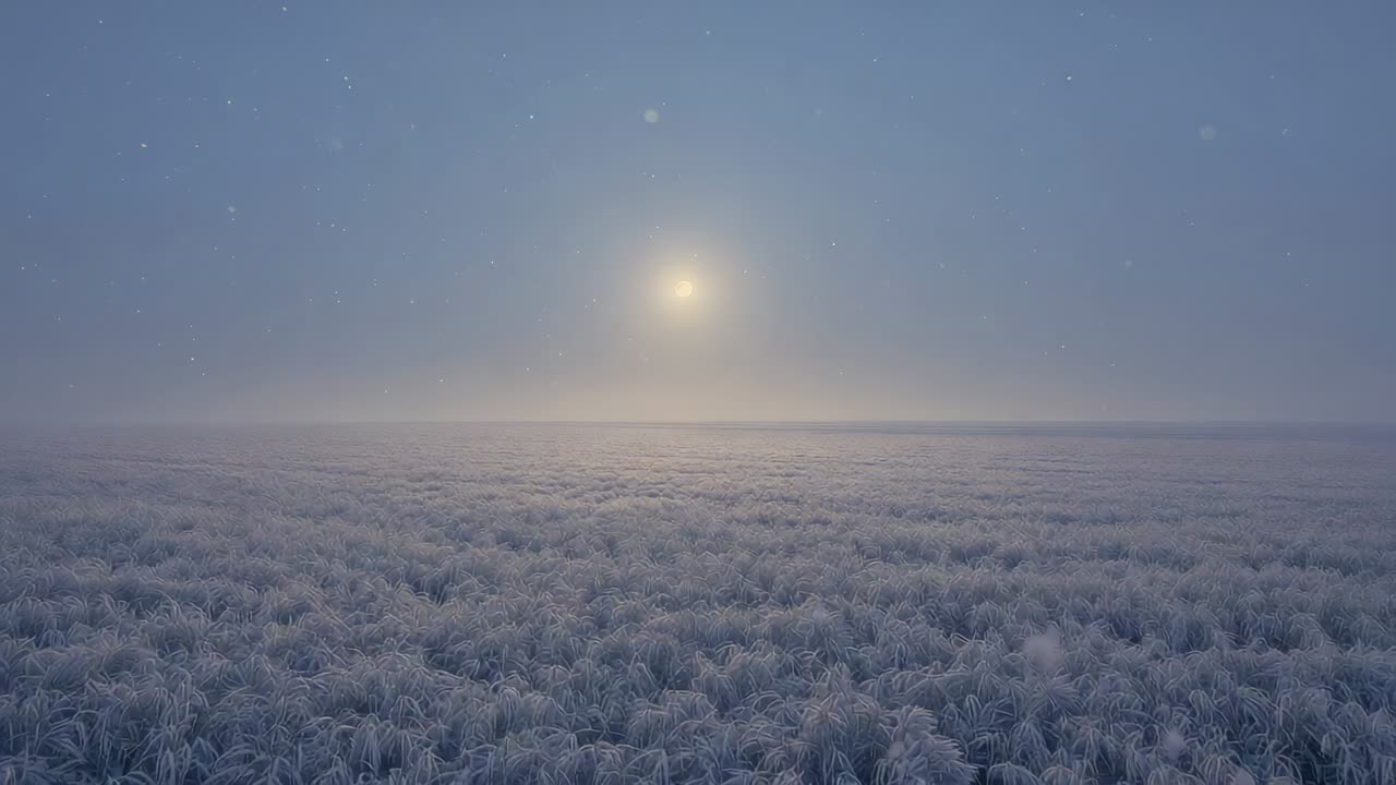 Brightening pale low sun nudging frosted grasses shimmering on frozen plain, forming thin haze halo