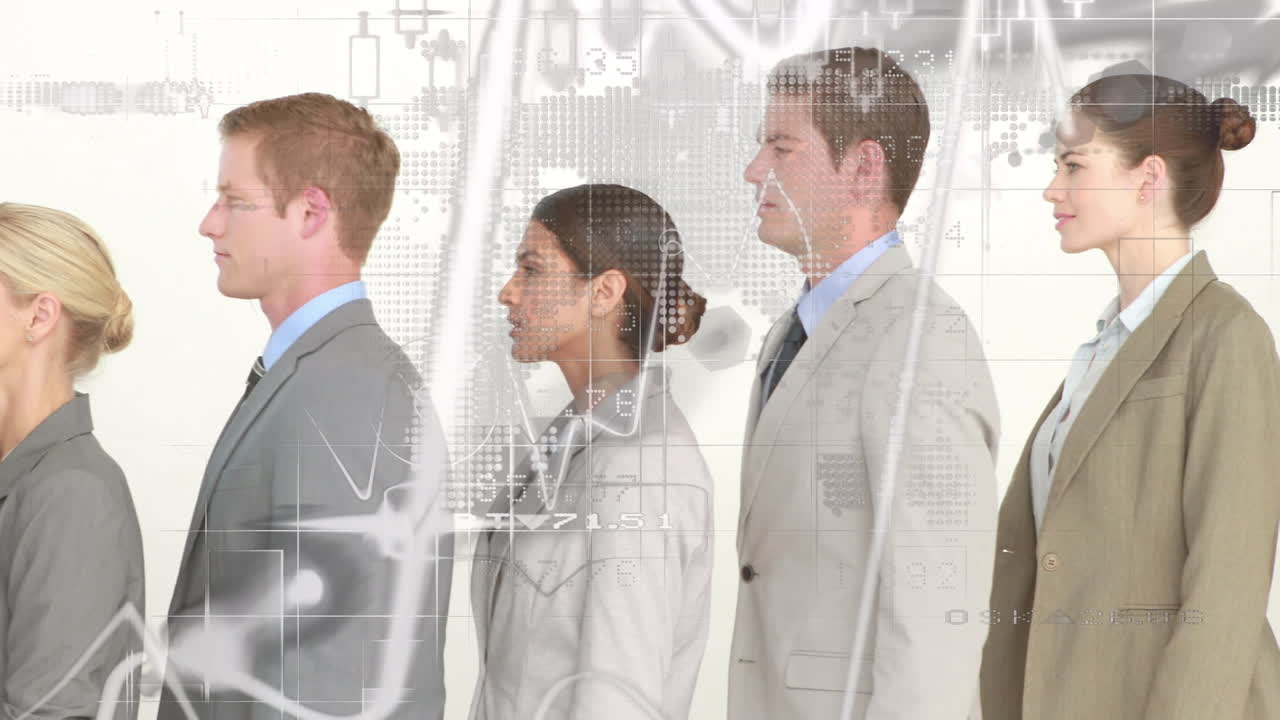 animación de estadísticas y procesamiento de datos financieros sobre diversos empresarios en fila