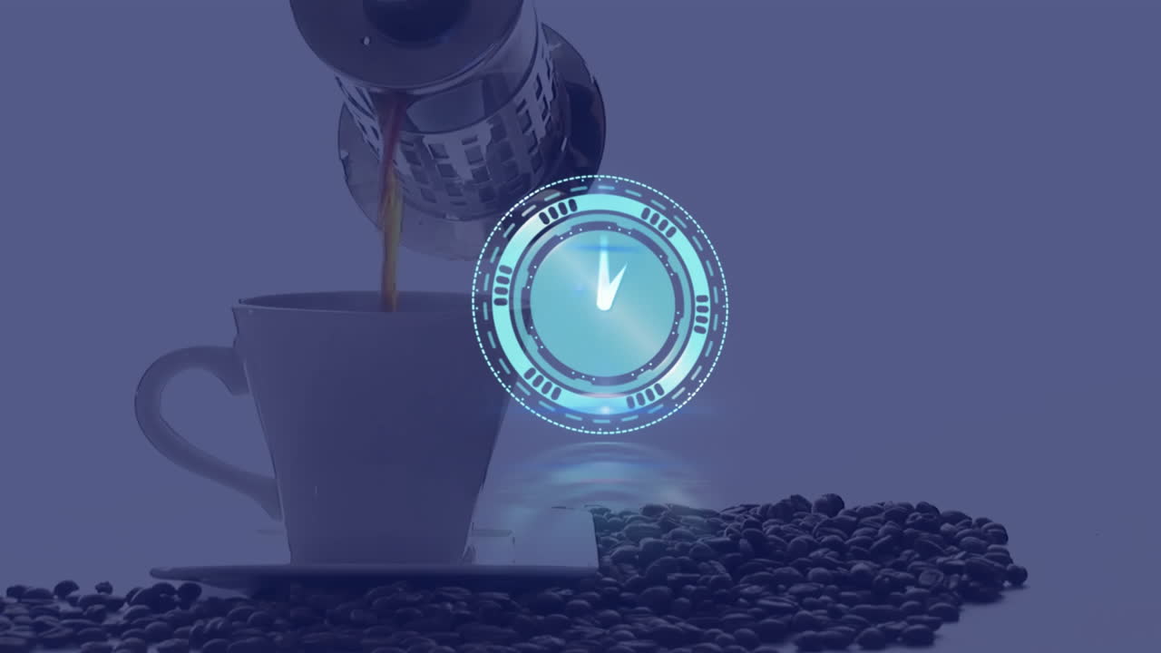 디지털 시계 애니메이션을 통해 컵에 커피를 부어