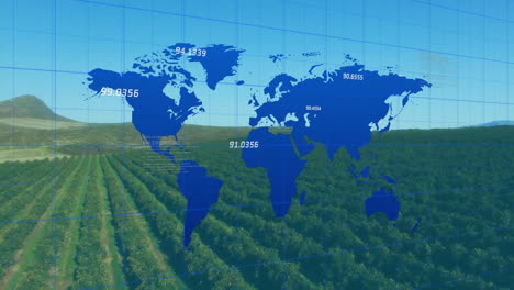 blue digital world map overlay showing vineyard metrics over grid with code snippets in flat design