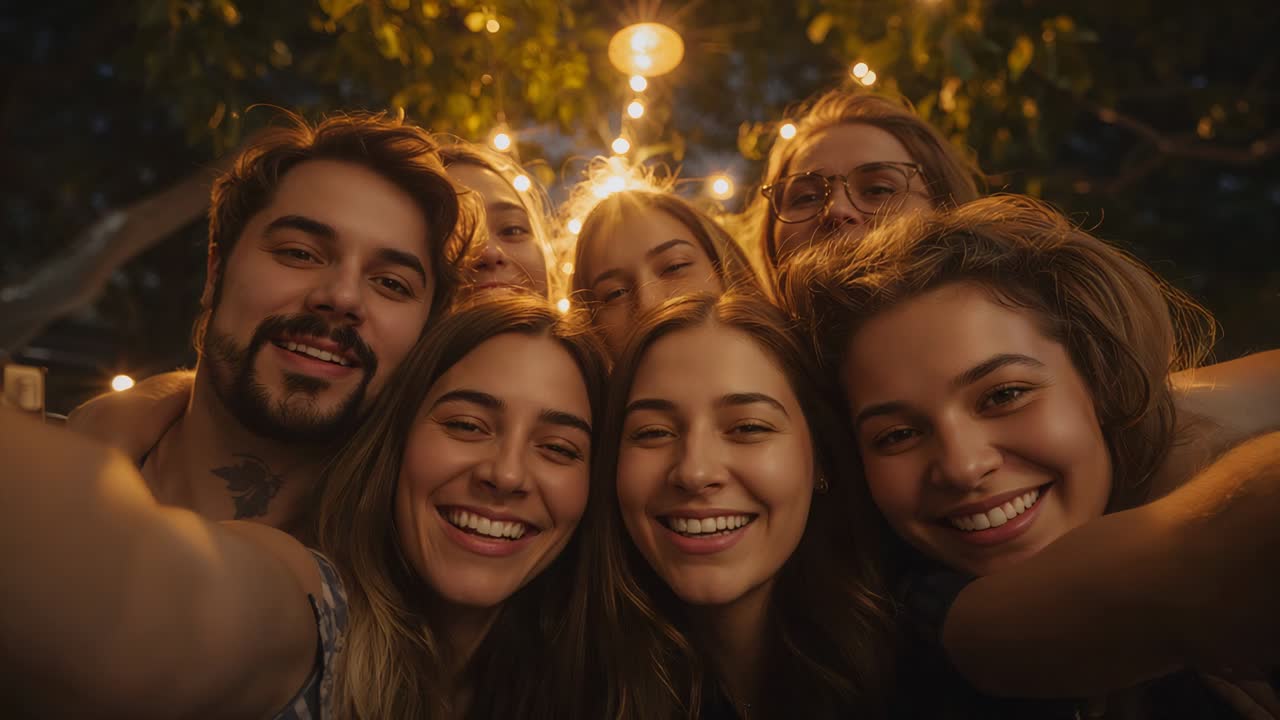 Sei amici che si sporgono sotto le luci del giardino inquadrati mentre tengono in mano uno smartphone per un selfie
