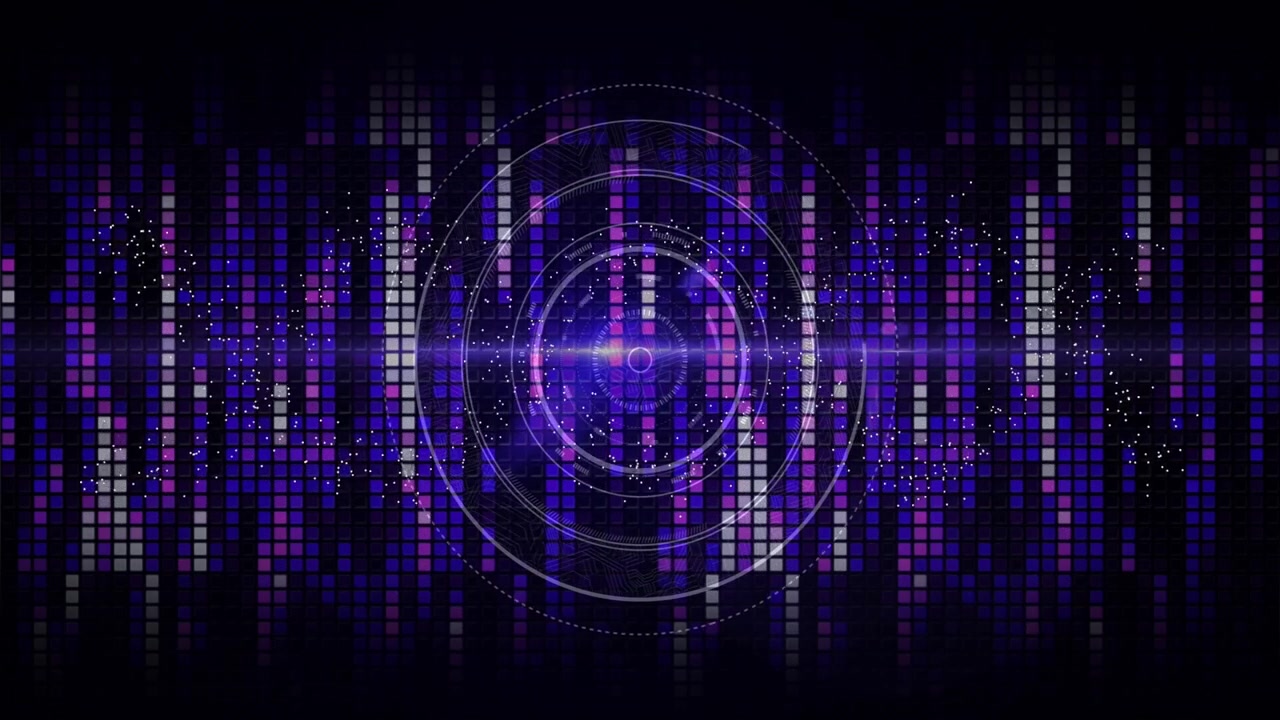 Central HUD reacting to flare, forming rotating rings, pulsing particles visualizing audio