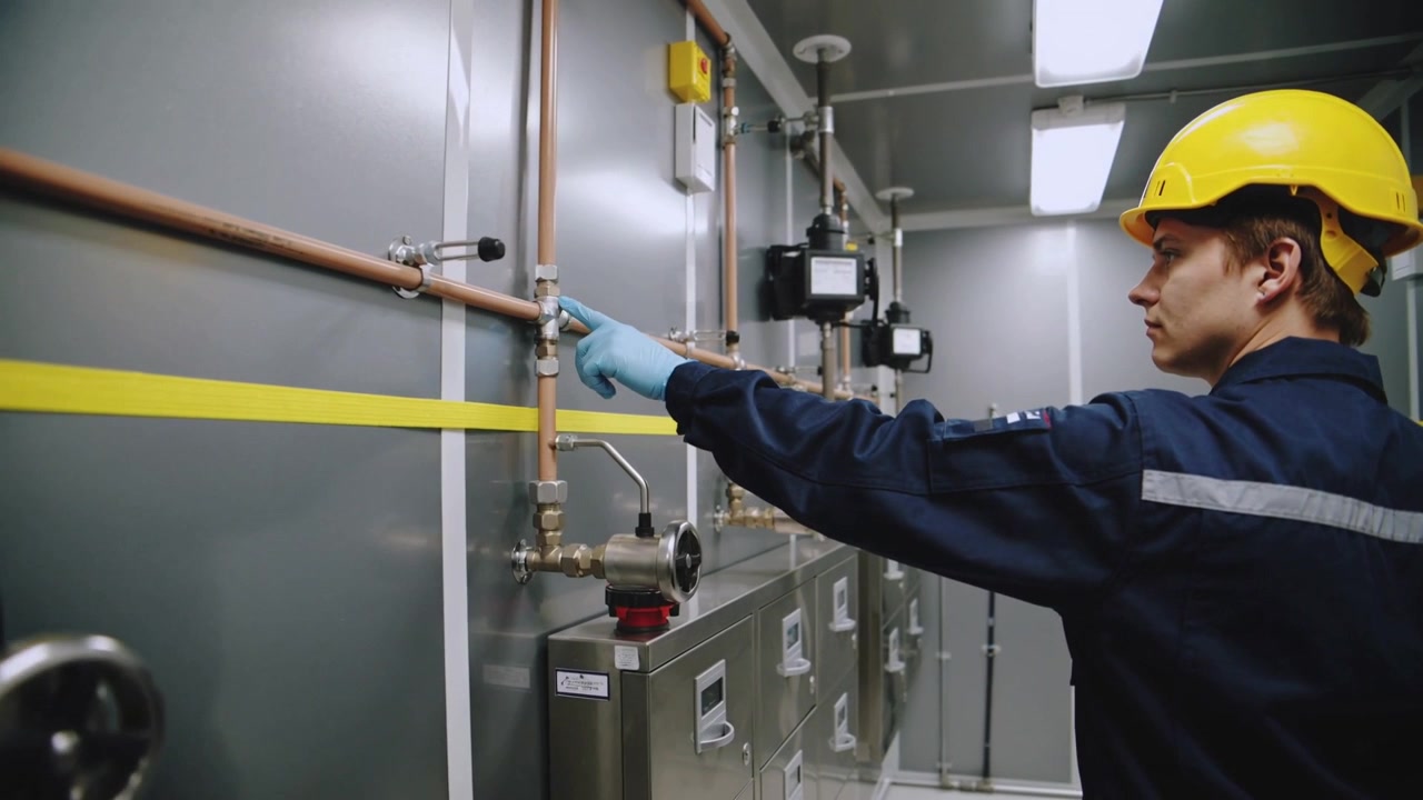 Tecnico con cappello giallo che indica, si allunga verso un tubo di rame, controlla una valvola nella sala macchine, con spazio per il testo.
