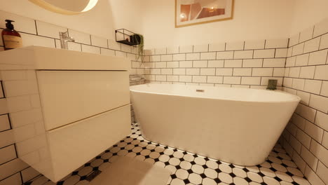 Camera-movement-inside-a-new,-white-and-vintage-style-bathroom-with-bathtub