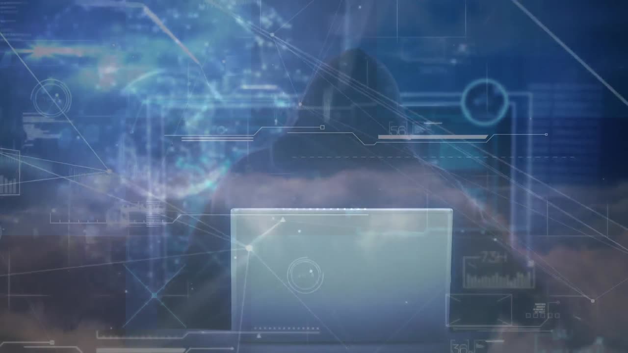 노트북을 사용하여 해커를 통해 연결 네트워크의 애니메이션