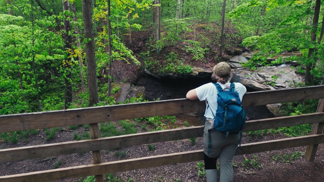 A woman hiker, looking at a green forest view at a trail fence in a rising shot.