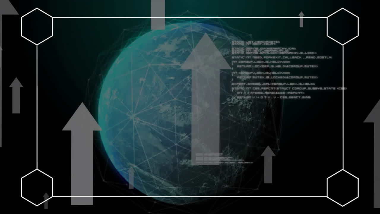 화살표의 애니메이션과 검은색 배경의 지구상에서 데이터 처리