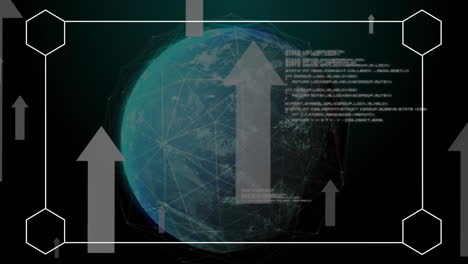 Animación-De-Flechas-Y-Procesamiento-De-Datos-Sobre-El-Globo-Sobre-Fondo-Negro