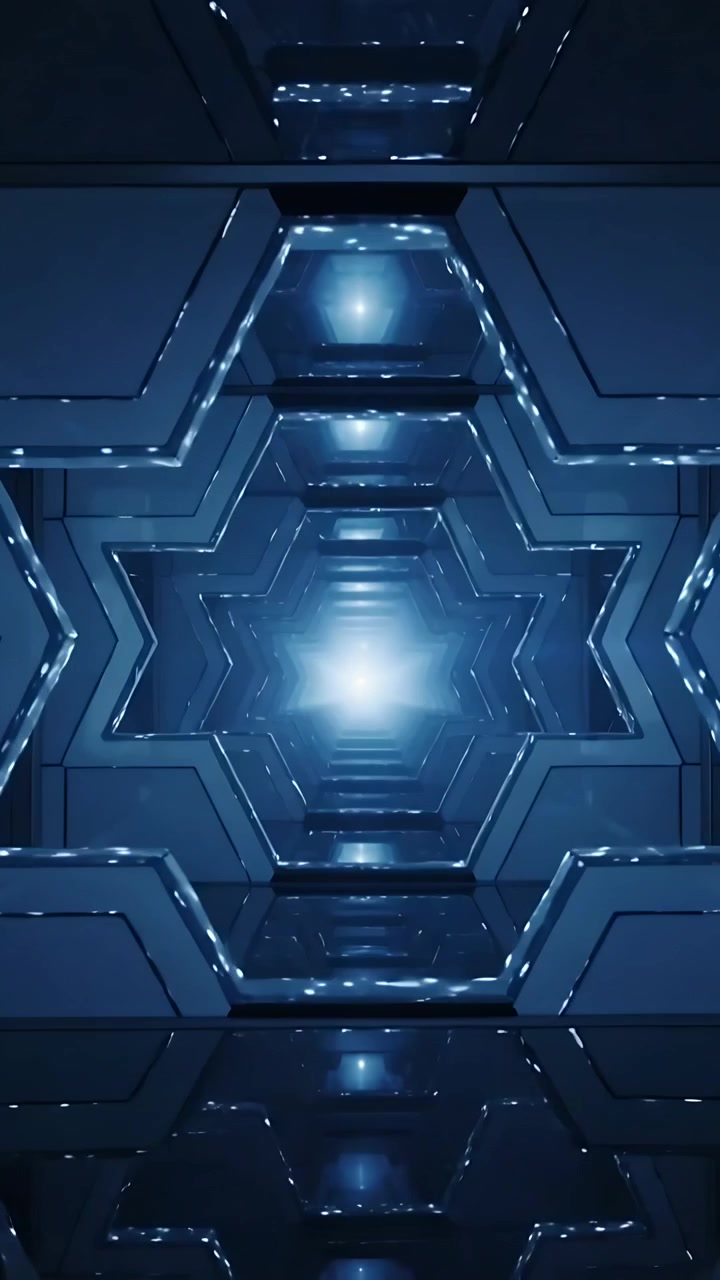 Video verticale: Un esagramma luminoso si accende con una scintilla, muovendosi verso l'interno in una sala futuristica e attirando lo sguardo.