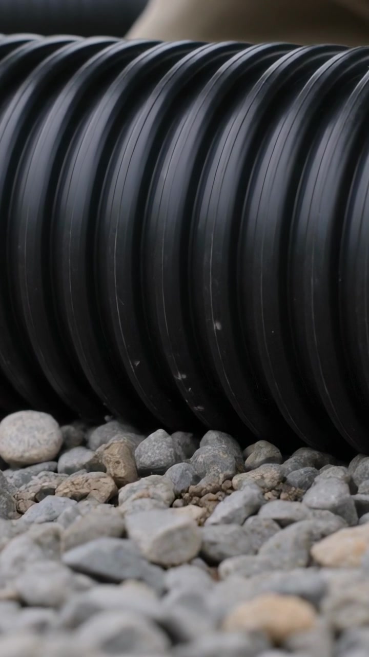 Vertical video: Panning camera showing black drainage pipe on gravel, inspecting run, blurred tan