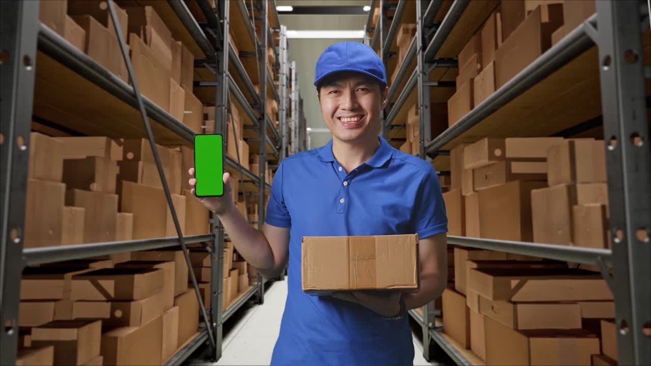 mensajero masculino asiático en uniforme azul sonriendo y mostrando una pantalla verde del teléfono inteligente mientras entrega una caja en el almacén