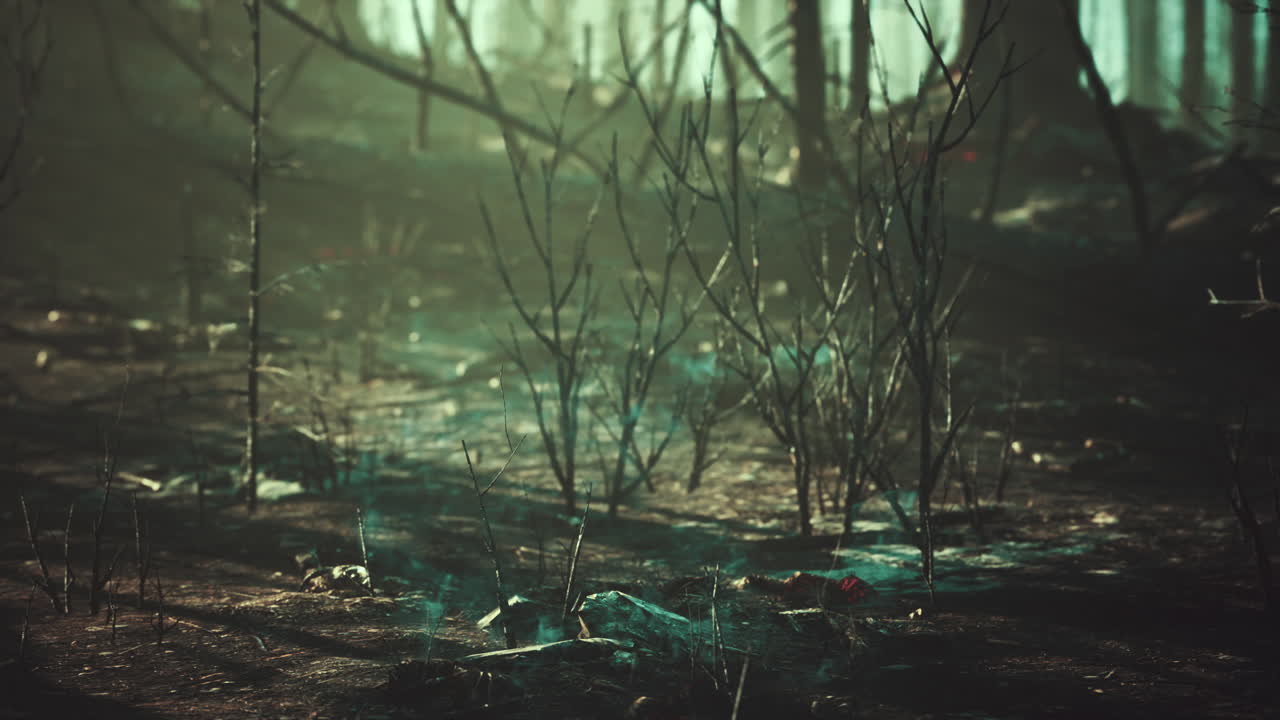 산불과 쓰러진 나무는 연기가 많이 나서 땅에 불타버립니다.