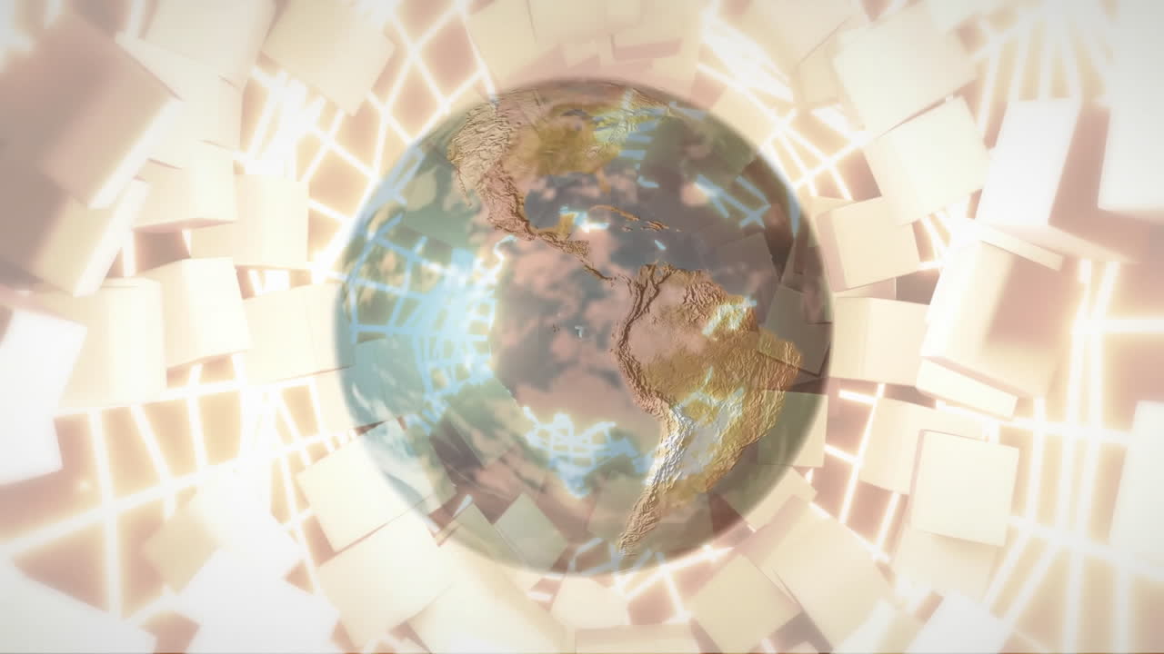 Animation of glowing digital network with globe and abstract geometric shapes