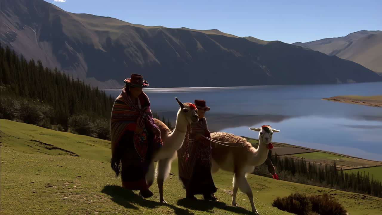 Indigenous People and Llamas in the Andean Mountains by a Lake