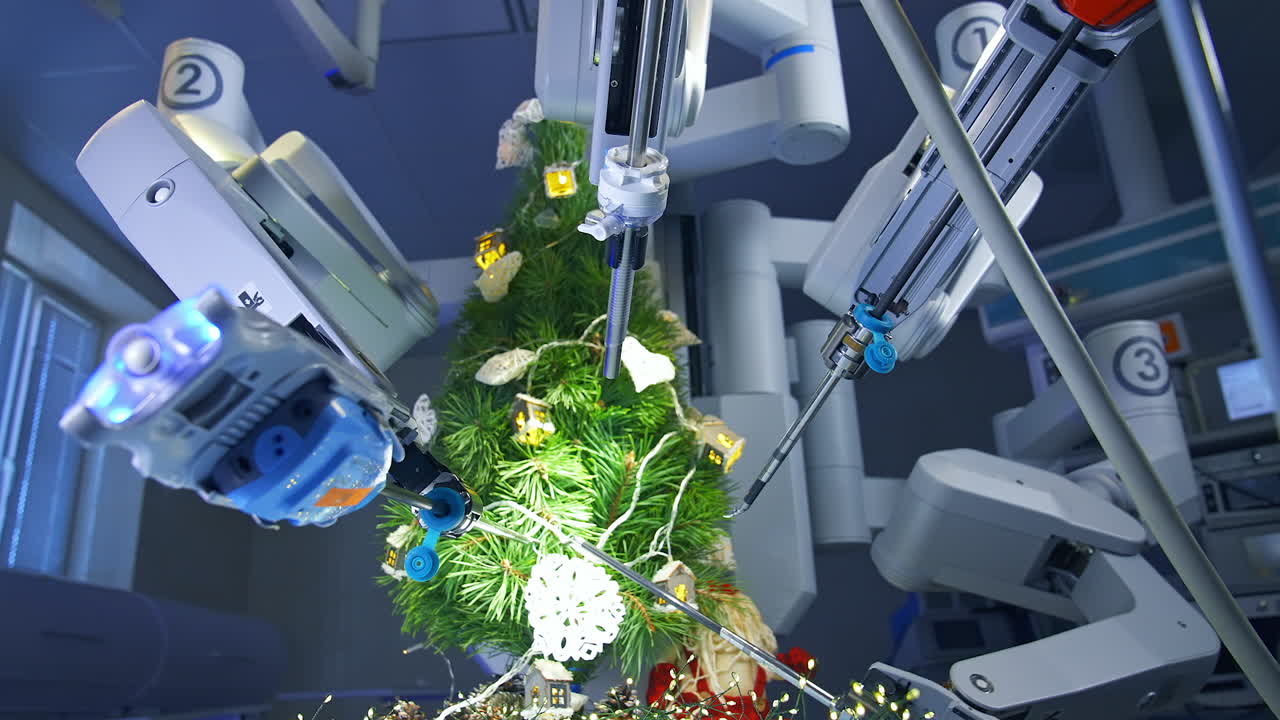 Robotic arms surround Christmas tree to decorate it. Modern medical equipment ornate fir-tree in the operation room. Precise manipulators put a paper snowflake on the fir-tree.