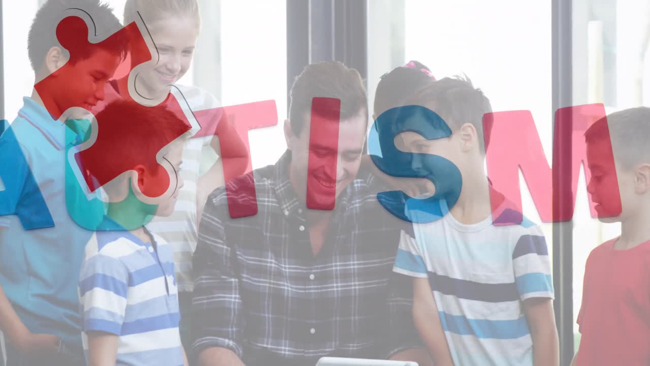 다채로운 퍼즐 조각과 자폐증 텍스트의 애니메이션 남성 교사와 함께 학교 어린이