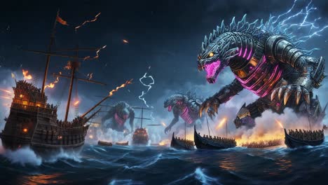 giant mechas attacking medieval ships at night