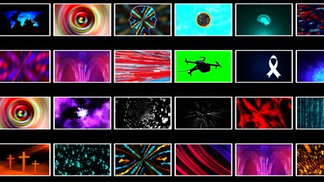 muchos diferentes papeles de pared abstractos brillantes en el espacio negro, renderización 3d