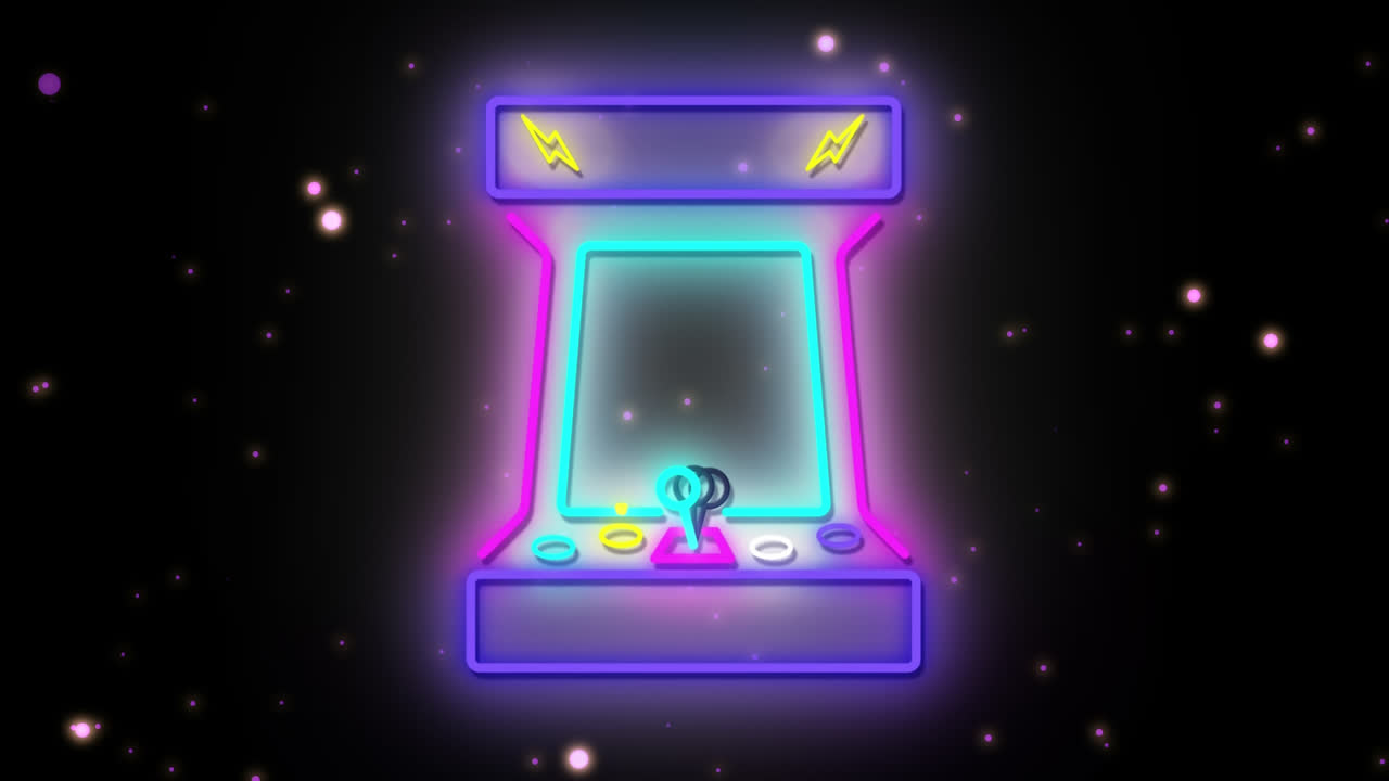 animación de la consola de videojuegos de neón retro brillante parpadeando en el cielo nocturno en el fondo