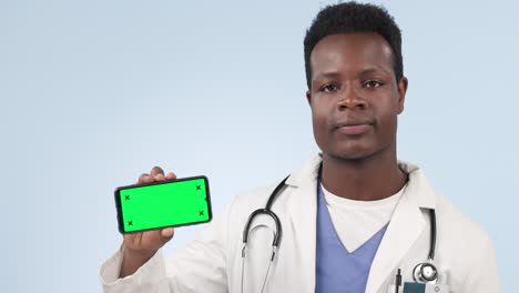 Doctor,-phone-and-happy-man-pointing-to-green