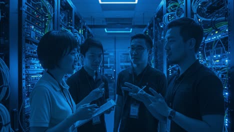 a collaborative meeting among it professionals in a data center, discussing network solutions and enhancements in a blue-lit server room environment