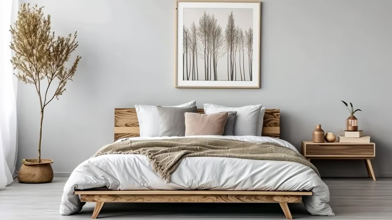 Minimalist bedroom with neutral tones, wooden bed, and nature art