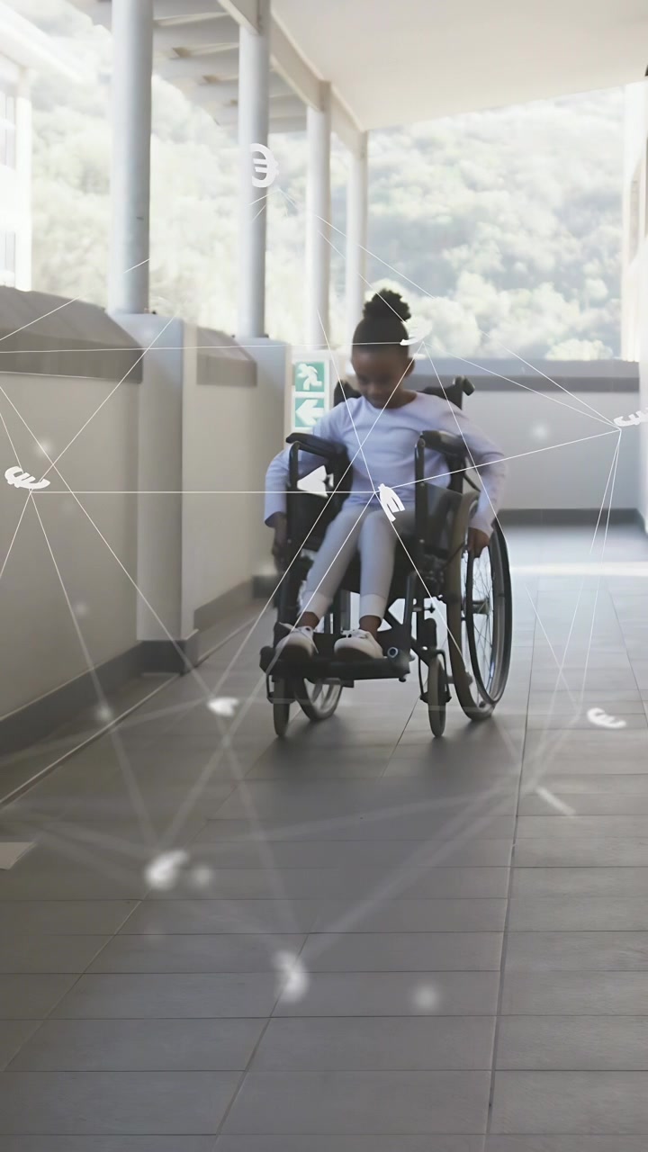 Vertical video: Girl in wheelchair pushing rims, navigating corridor, health overlay guiding route