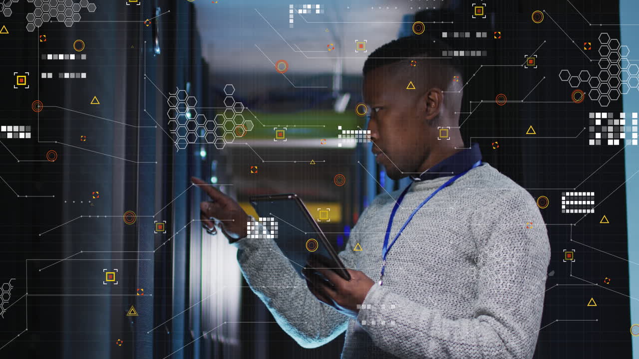Animation of data processing over african american male engineer using digital tablet at server room