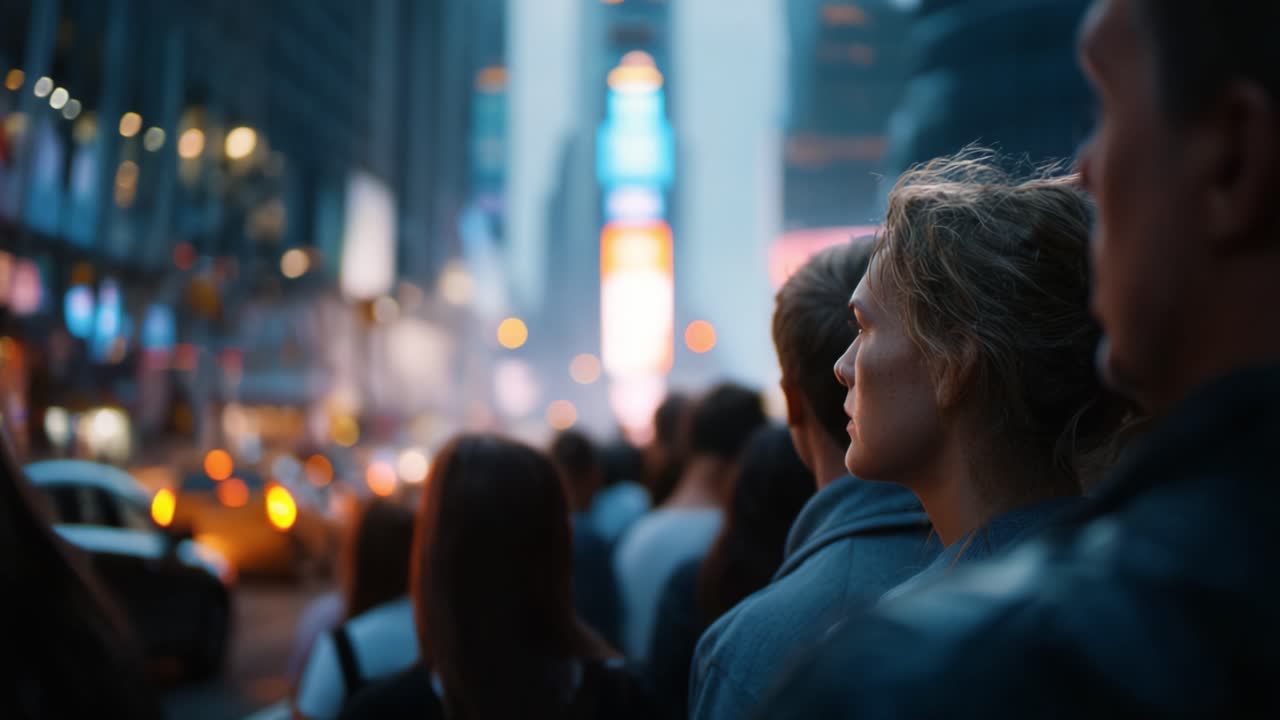 Una serata accattivante in una città vivace, circondata da folle animate e luminose pubblicità, mentre le persone si fermano ad ammirare l'atmosfera vibrante della vita urbana.
