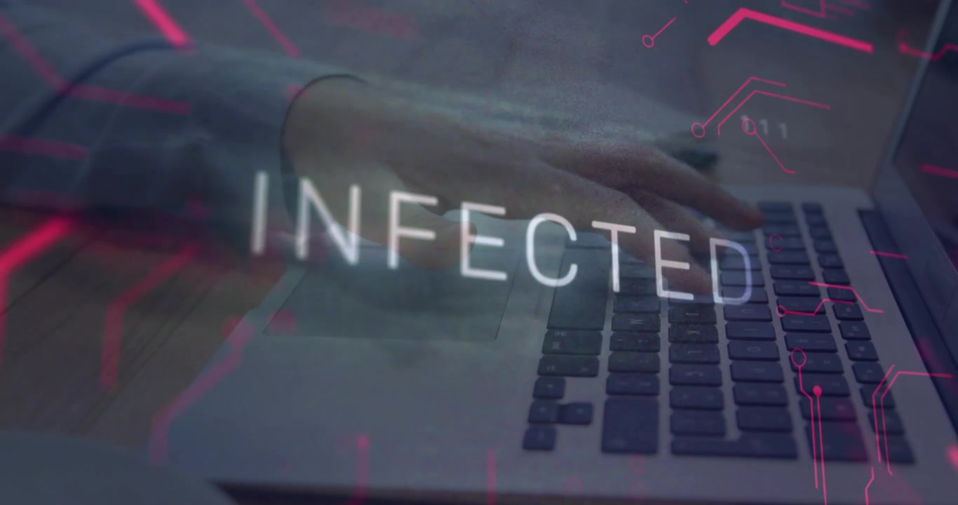 Overlay appearing then resolving into INFECTED while hands typing on laptop signaling infection