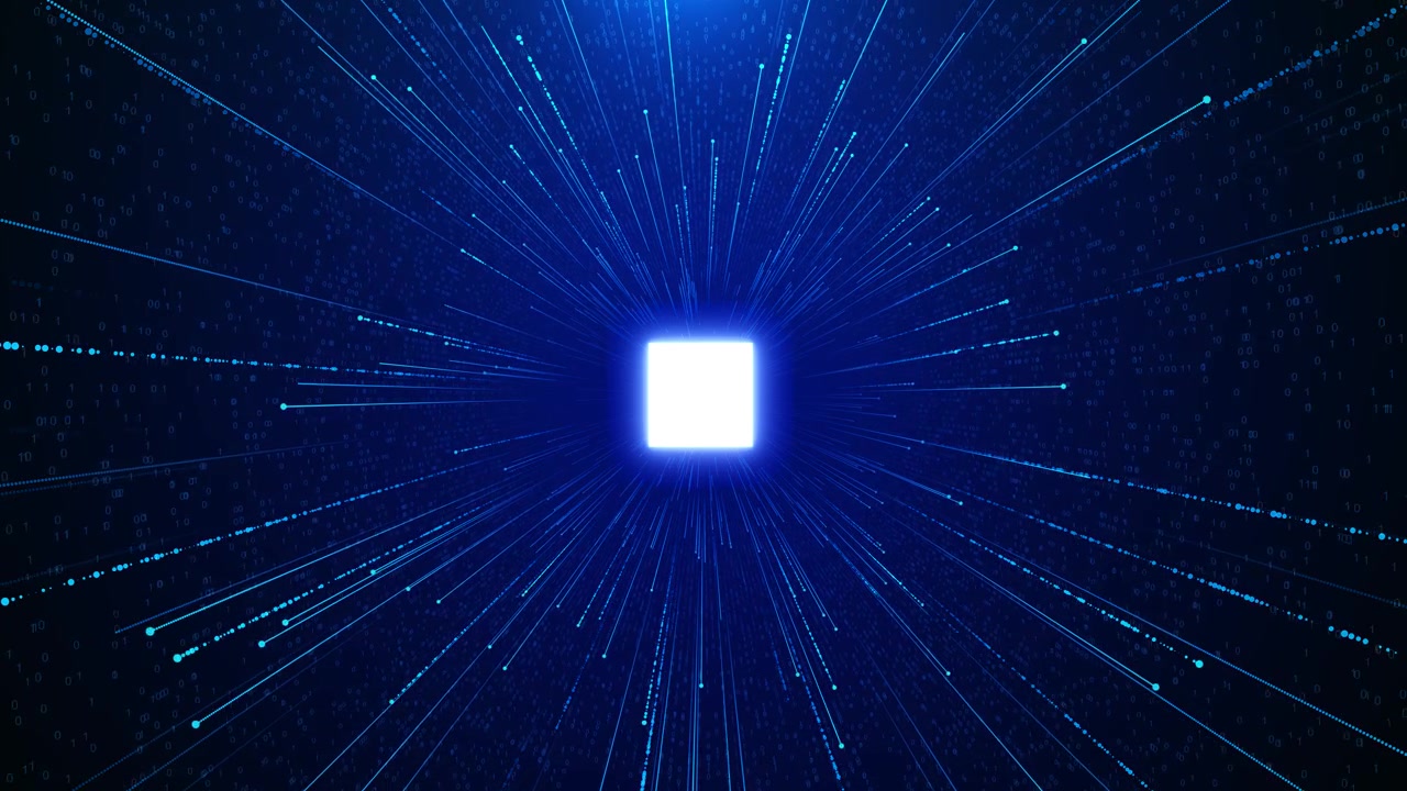 Blue data burst technology glowing square core binary numbers radial lines digital speed ai videos